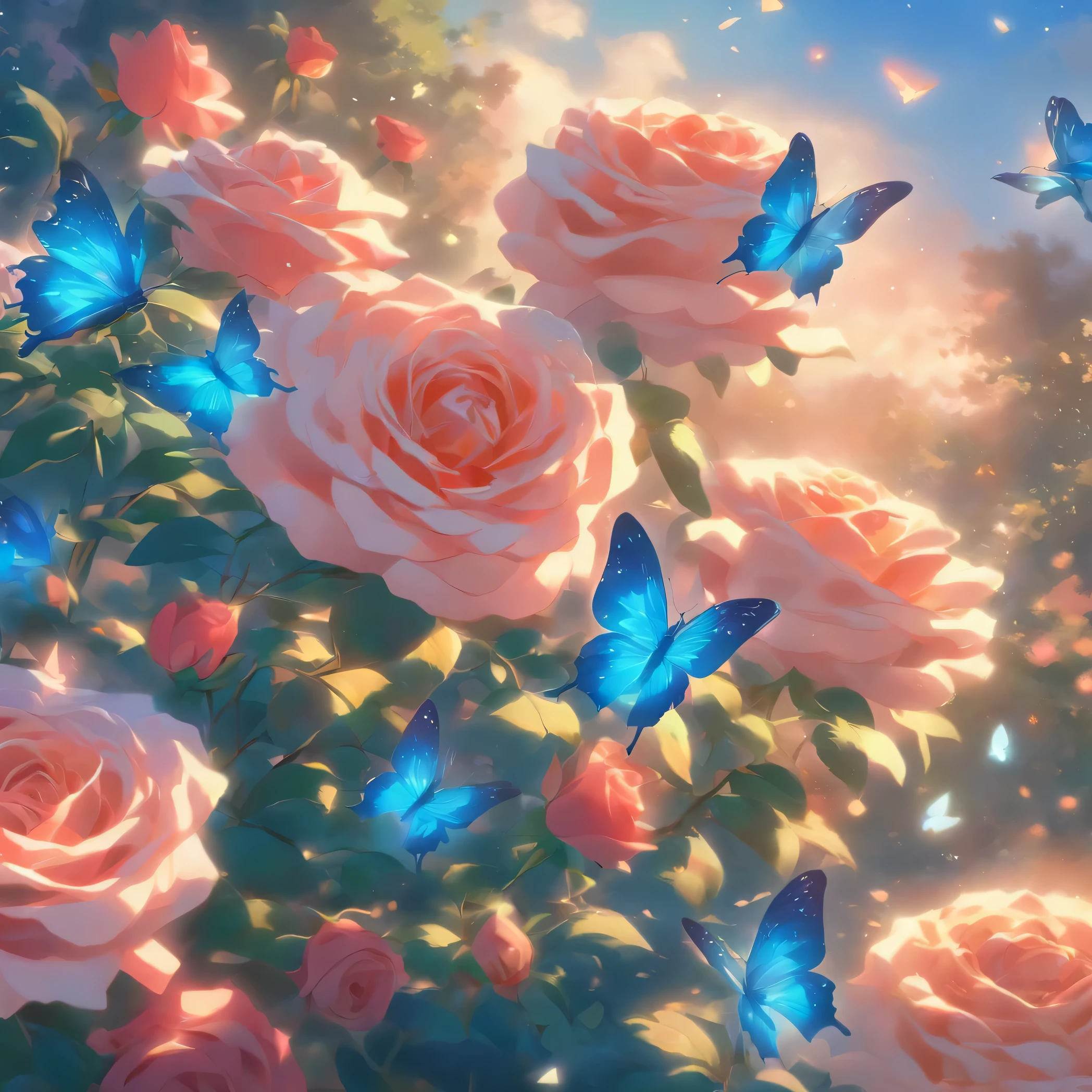 (a close-up view of a rosefield),always a big butterfly，rosefield,Beautiful roses,blooming roses,bright colors,Tightly packed roses,soft petals,breeze,green leaves,fertile land,refreshing scent,Summer mood,peaceful atmosphere,blooming nature,the beauty of serenity,(best quality,high resolution,masterpiece:1.2),very detailed,In fact,photoIn fact,soft light,fancy,impressionist style