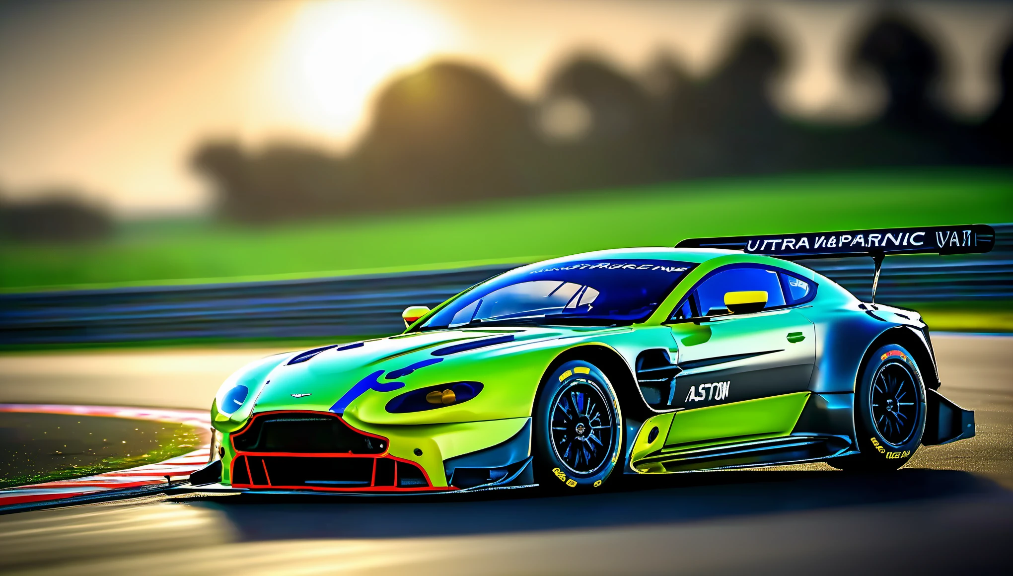 masterpiece, best quality, aston martin v8 vantage amr gte, le mans race track, in motion, full specular sharpened 3D, HDR, UHD, vivid colors, occlusion, masterpiece, panorama, super detail, accurate, best quality, 16K, ultra-super quality, ultra-photo realistic detail, utltra-high nanite atmospheric lighting, ultra-high detailed reflections, very far shot, ultra-wide angle, 4D composite mapping, ultra-high 3D depth mapping quality, ultra-high render quality, OLED, dynamic rich shadows, ultra-high realistic graphics, HDR, (very far shot), ultra-high background detail, god rays, backlighting