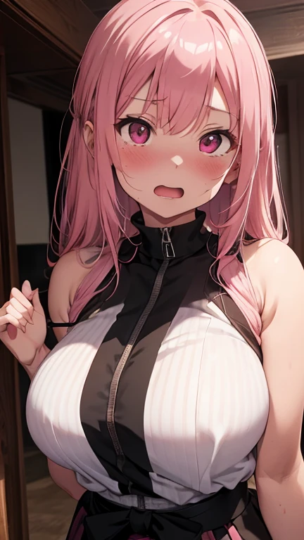 mastute piece,Best Quality,insanely detailed,8k cg,
shoot upper body,
1woman,18age,standing,body in front,looking at viewer,(judo,dogi),break,
blush,shy,(trembling:1.2),pink hair,break,open mouth,large breast,dojo,