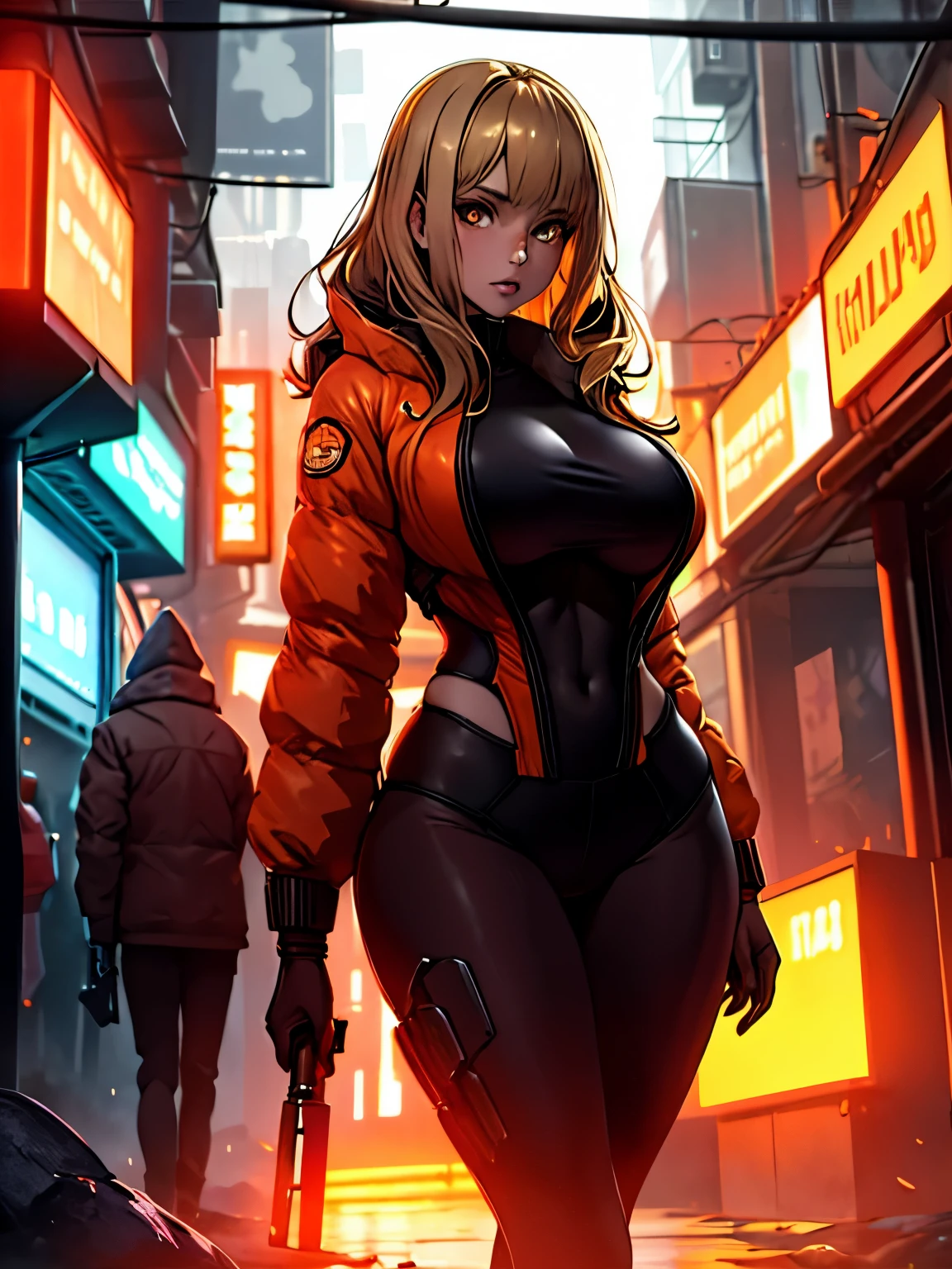 Bladerunner 2049, hot girl, bikini, huge breasts, hourglass figure, blonde, orange eyes