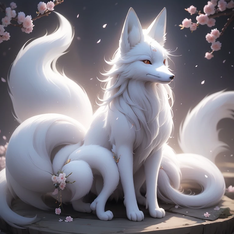 A white mystical fox, its coat shimmering with an ethereal glow, stands proudly before a blooming sakura tree. Its body is adorned with intricate flower details, each petal delicately etched into its fur. The fox holds a mystical warrior's sakura flower weapon in its paws. The weapon, fashioned from the same cherished blossoms, exudes an aura of strength and magic.