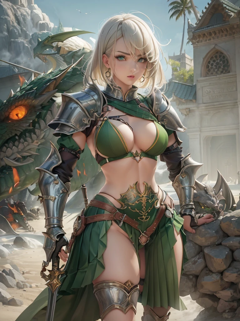 8k, RAW Portrait ,masterpiece、Realistic:1.2、Realistic, Ultra-high resolution, highest quality, Real Life Photos ,( in the evening :1.1), ((((1 female:1.5))))、(Cute face:1.3), Voluptuous, Busty White-Haired Female Knight in ((Dragon Themed green metal bikini Armor)) (Thigh high Full Metal Armored Boots). (((Full Body View))), Long hair, Messy bun, (((Green Pleated Skirt))), detailed, perfect makeup, beautiful lips, large hoop earrings, (METAL bikini armor), No Helmet, (No Spikes), (Tall girl, Long legs), (Solo, 1girl), (Masterpiece, Detailed, 4k), perfect face, perfect lips, perfect makeup, dark eyeshadow, Unreal Engine 5, (Full Body Portrait), absurd resolution, high resolution, sharp image, vibrant colors