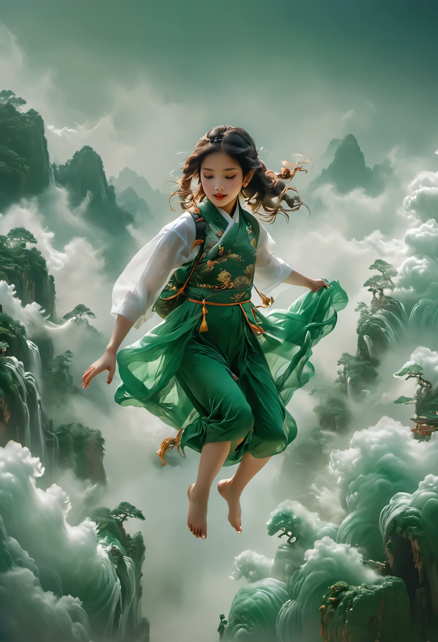 Photography of an adorable girl in modern attire, carrying a backpack, floating:2，bare foot, joyfully leaping and stepping on jade-colored auspicious clouds. Her entire body embodies the texture of jade, with hues of white and jade green, captured in a realistic photograph that showcases the fusion of human form and precious stone. The whimsical scene captures the girl's playful spirit as she dances above the clouds, blending the earthly with the ethereal in a visually enchanting composition