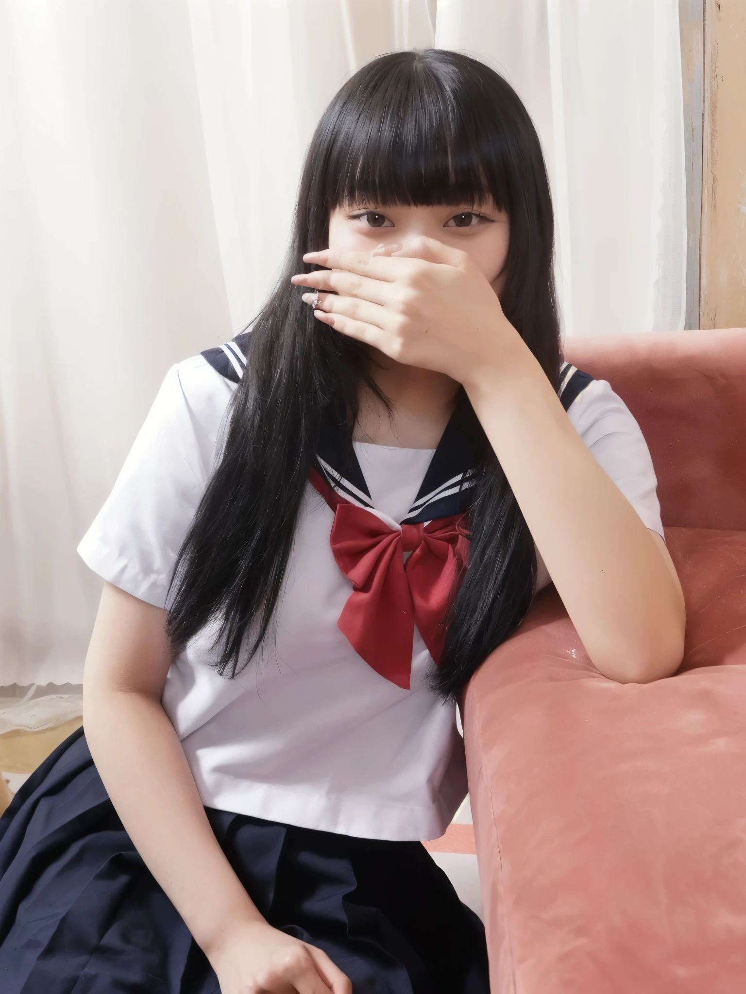arafed asian girl in a sailor outfit sitting on a couch covering her mouth, taken with canon eos 5 d, taken with canon eos 5 d mark iv, taken with canon 5d mk4, japanese , wearing japanese , taken with canon 8 0 d, japanese girl , seifuku, taken with a canon eos 5d