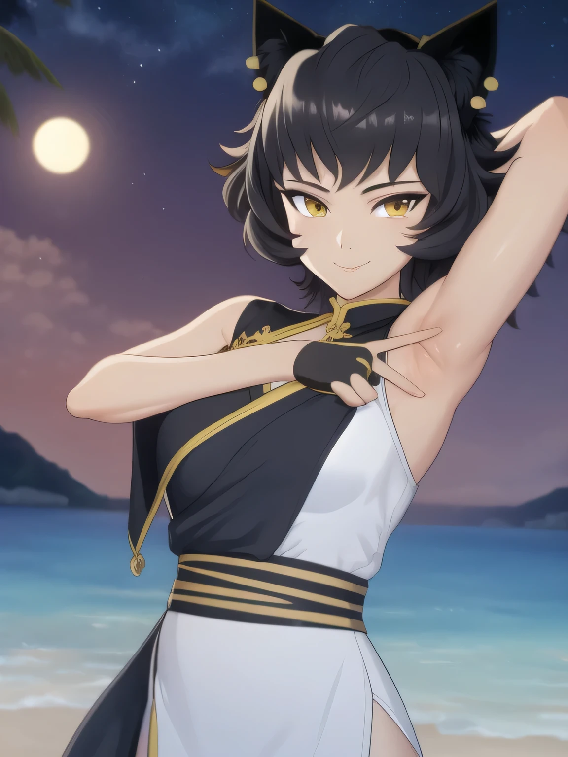 8k, highly detailed,
kali belladonna,
dress,
solo, night sky, beach, kali belladonna, contrapposto, closed mouth, spread armpit, arms behind head, smile, looking at viewer, upper body,