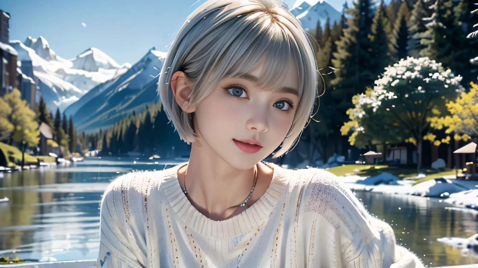 ♥(White knit sweater and mini skirt),((1girl,cute,young,pixie cut beautiful silver blonde hair,blunt bangs,beautiful green eyes)),(solo),((masterpiece, highest resolution,best quality)),((realistic:1.5,Beautiful girl RAW photo)),(looking at the viewer), innocent smile,cinematic lighting,beautiful icy lake and mountains,flowers,trees,snow,blue sky