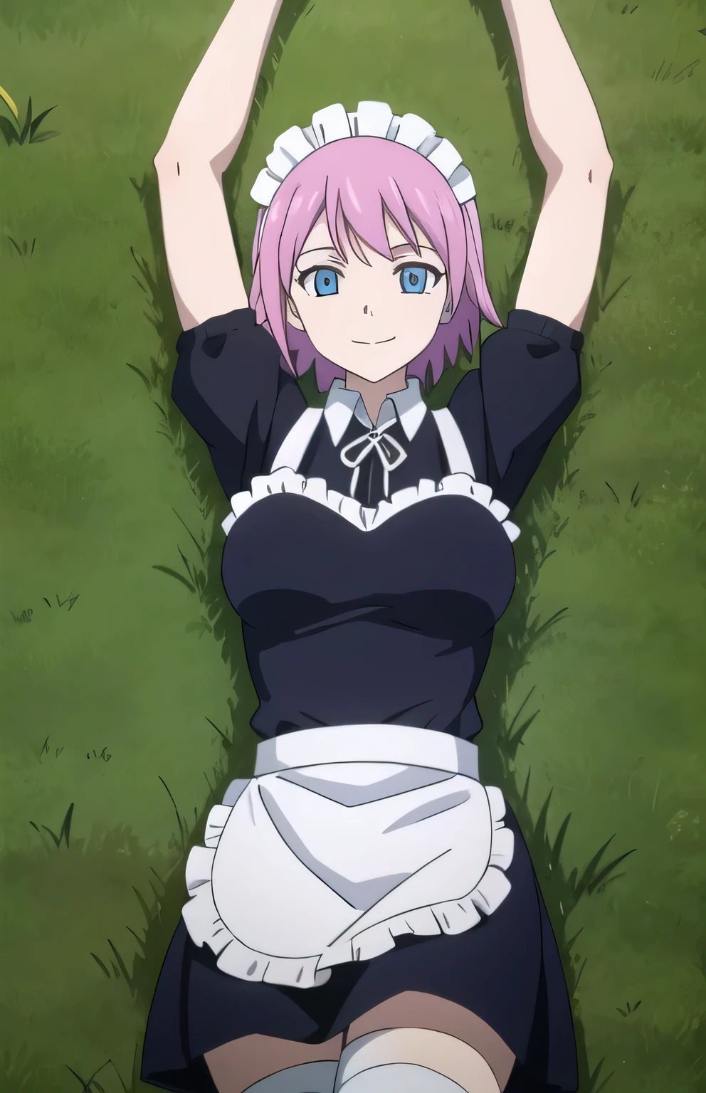 masterpiece, absurdres, (intricate details), (colorful),cinematic lighting, bust shot, extremely detailed CG unity 8k wallpaper, solo, lying on back, arms up, spread arms, on grass, smile, (cowboy shot:1.5) closed mouth, looking at viewer, masterpiece, best quality, smile, in the center, virgoft, maid, maid headdress, white maid apron, thighhighs