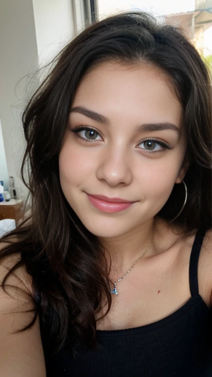 22 year old girl, rostro similar al de Amy Lee, ojos azules, sonrisa, cabello negro, cuerpo completo, minifalda, hiperrealista.