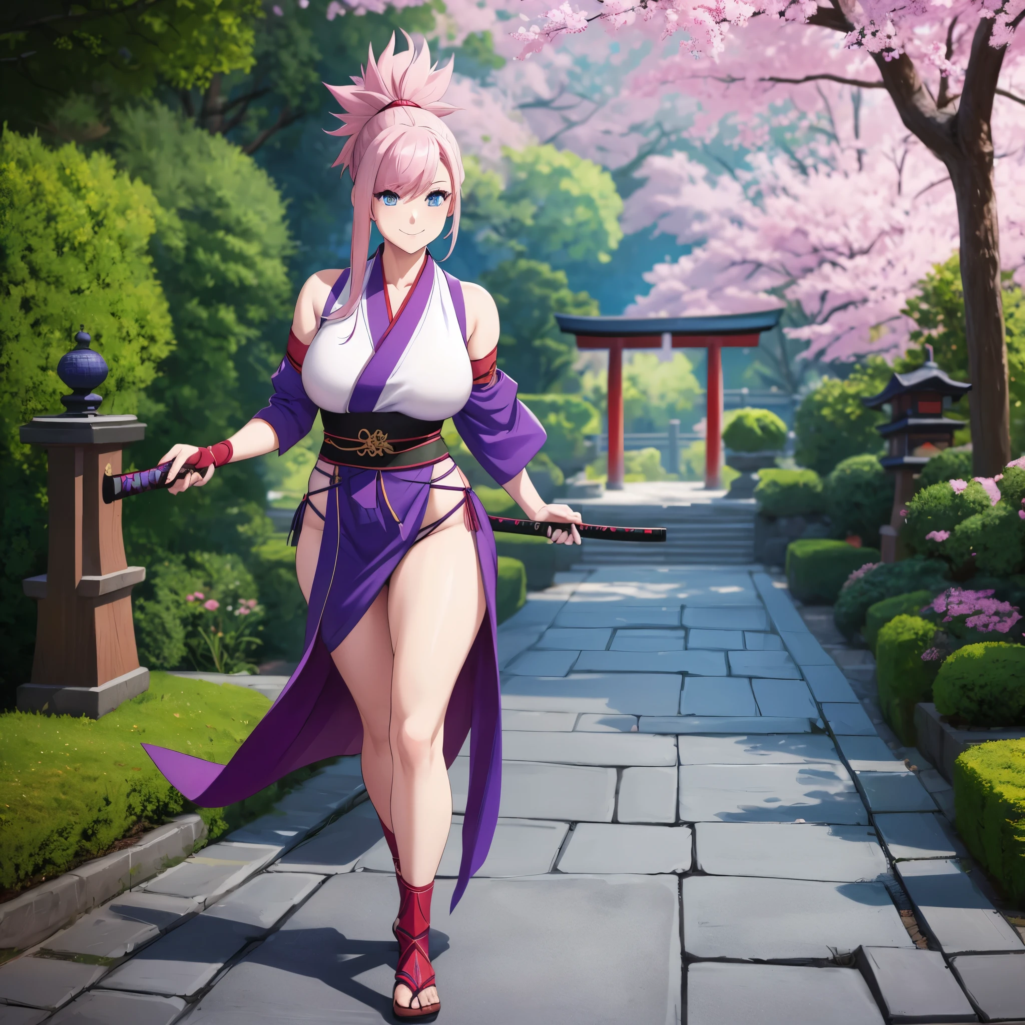 a woman wearing a bluish purple sleeveless kimono, long pink hair, ponytail hair, blue eyes, long red stockings, holding a katana without a sheath, walking on a stone walkway in a Japanese garden with red Japanese arches, smiling, body whole, full body, big breastsHDR, ultra resolution, well defined, masterpiece, 8K HD. (solo woman)
