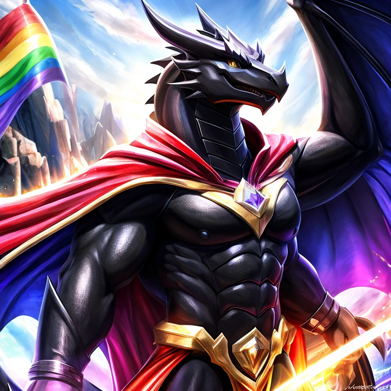 Black dragon with a bright  and a flowing gay pride cape., altura completa, divino, sharp focus, renderizado de octanaje, HDR, atomspheric,