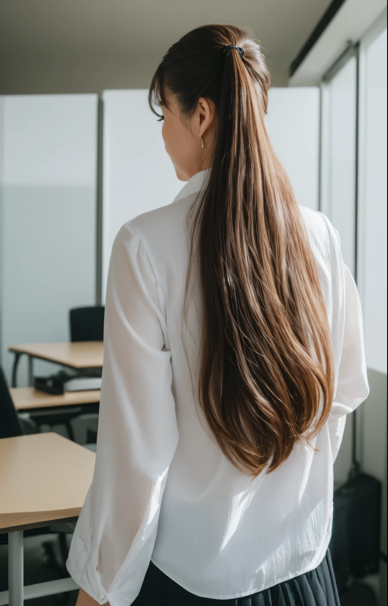 (Best quality, 8k, 32k, Masterpiece, UHD:1.2), from behind, 1 walking girl, beautiy Japanese office lady, (smile:0.5), (looking at the the viewer), 30 years old, bit chubby, white shirt, black skirt, office room, desk, detailed beautiful face, pony-tail hair, from below,