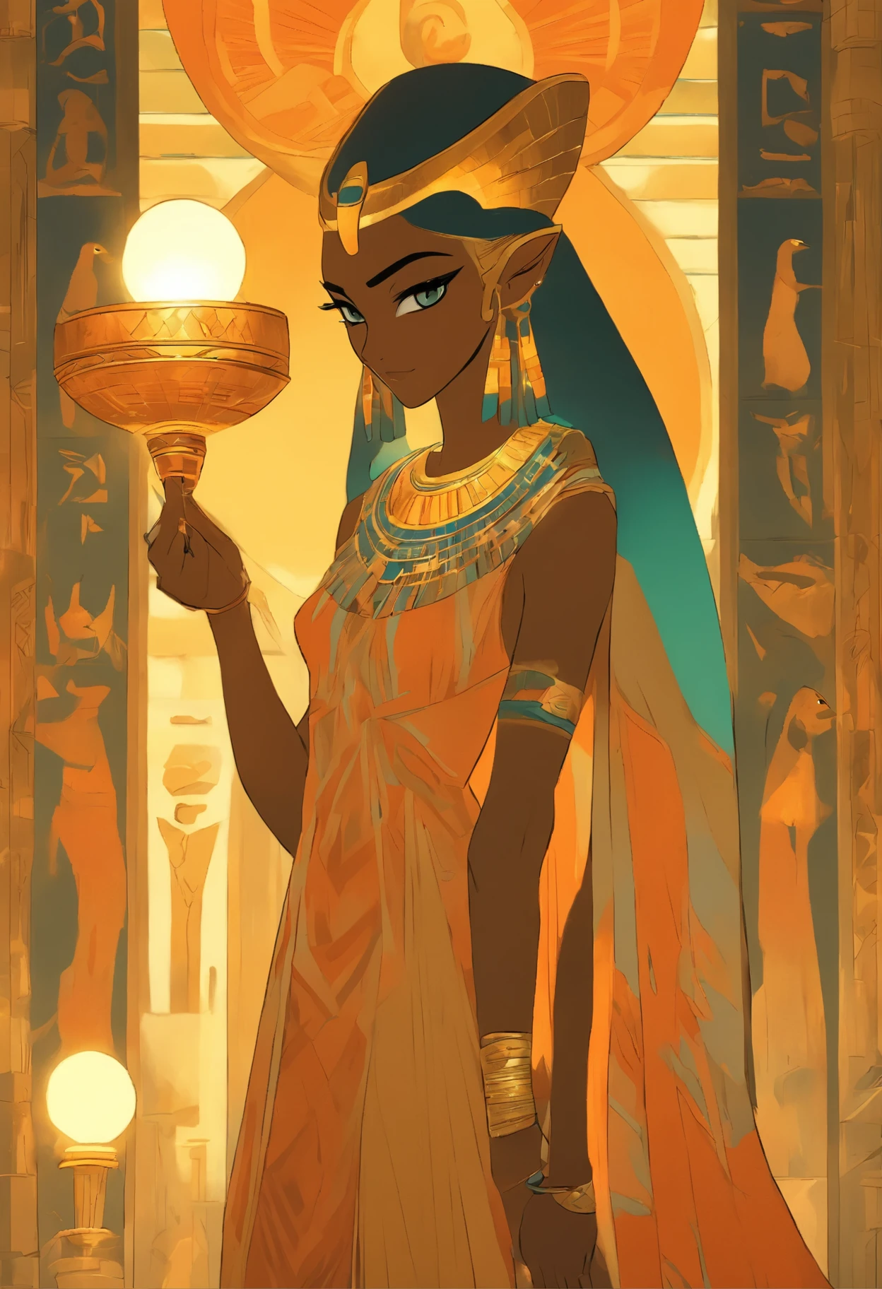 a woman in a long dress holding a scale and a lamp, egyptian art by Max Buri, trending on cgsociety, art nouveau, jen bartel, very coherent stylized artwork, bastet, art deco shaman, the god anubis, art contest winner on behance, (by tom purvis), art deco illustration, egyptian god