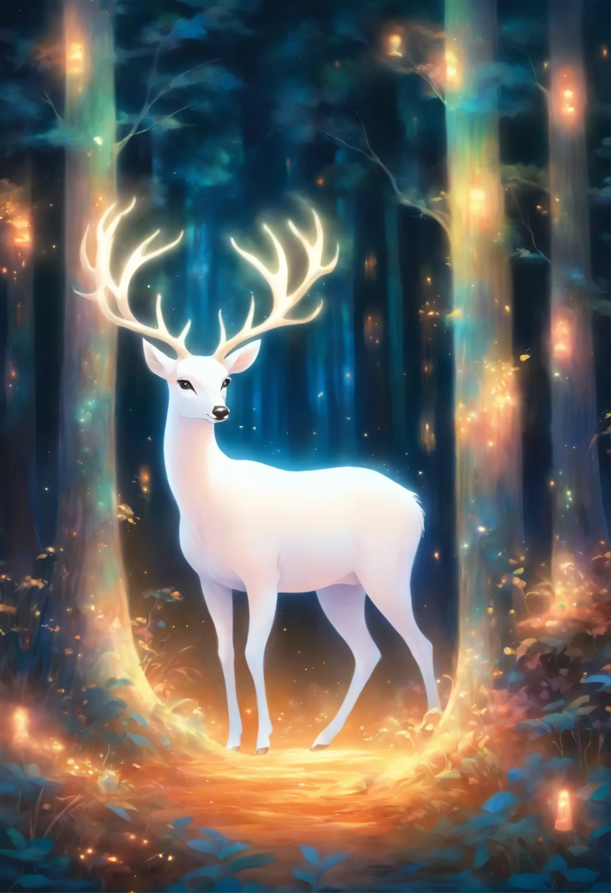 painting of a white deer in a forest with a glowing horn, an airbrush painting by Bridget Bate Tichenor, trending on cgsociety, fantasy art, mythical creature, a mythical creature, white unicorn, ethereal!!! ultra realistic, fantasy creature, mythical whimsical creatures, a unicorn, unicorn, mystical oil on linen, irridescent ghostly, mythical creatures