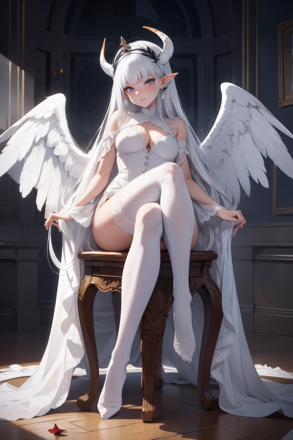 giant girl 50,000 feet high，Weight 1000kg，Has a pair of huge white angel wings，With huge devil horns on his head，crown on head，Elf wearing white earrings，She has long white hair that reaches her feet，loose hair，White wavy long curly hair，Wearing a pair of white boots，White lace gloves，White lace pantyhose，Pantyhose with bow and star decorations，White lace whole body，Standing upright on a small city，Beautiful appearance，Exquisite makeup，quality，8k，High quality，Perfect proportion, Cinema lighting，film grain，Fuji colors，8k，textured skin，Super details，high detail，high resolution，fake smile，blood stains，Blood stains on the soles of feet，whole body，Obese，feather，flowers，Sitting elegantly on a tall building，Touching face with hands