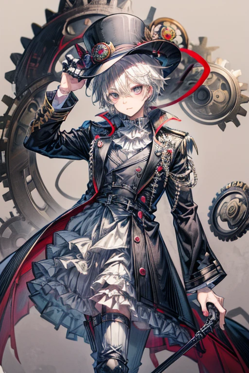 (best quality, masterpiece, expressive eyes, perfect face), (anime), 1boy, white hair, black eyes, black trenchcoat, . black tophat with gears, holding a walking cane, 