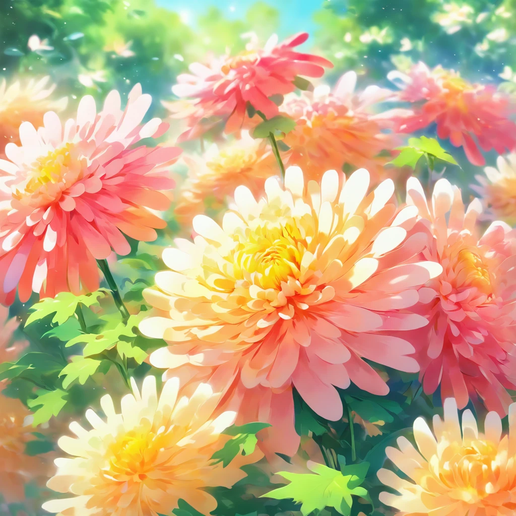rosefield,beautiful chrysanthemum,bright colors,Tightly packed chrysanthemums,soft petals,breeze,green leaves,fertile land,refreshing scent,Summer mood,peaceful atmosphere,blooming nature,the beauty of serenity,(best quality,high resolution,masterpiece:1.2),very detailed,In fact,photoIn fact,soft light,fancy,impressionist style