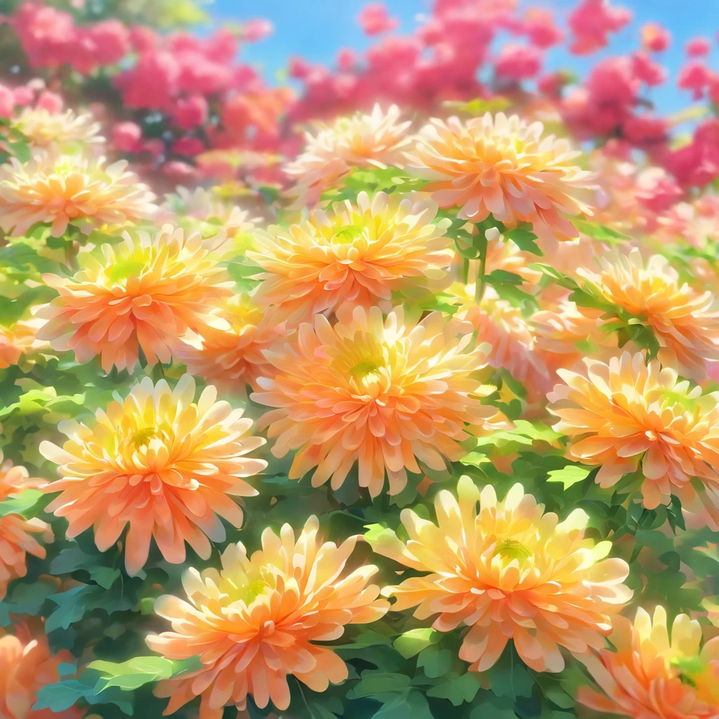 rosefield,beautiful chrysanthemum,bright colors,Tightly packed chrysanthemums,soft petals,breeze,green leaves,fertile land,refreshing scent,Summer mood,peaceful atmosphere,blooming nature,the beauty of serenity,(best quality,high resolution,masterpiece:1.2),very detailed,In fact,photoIn fact,soft light,fancy,impressionist style