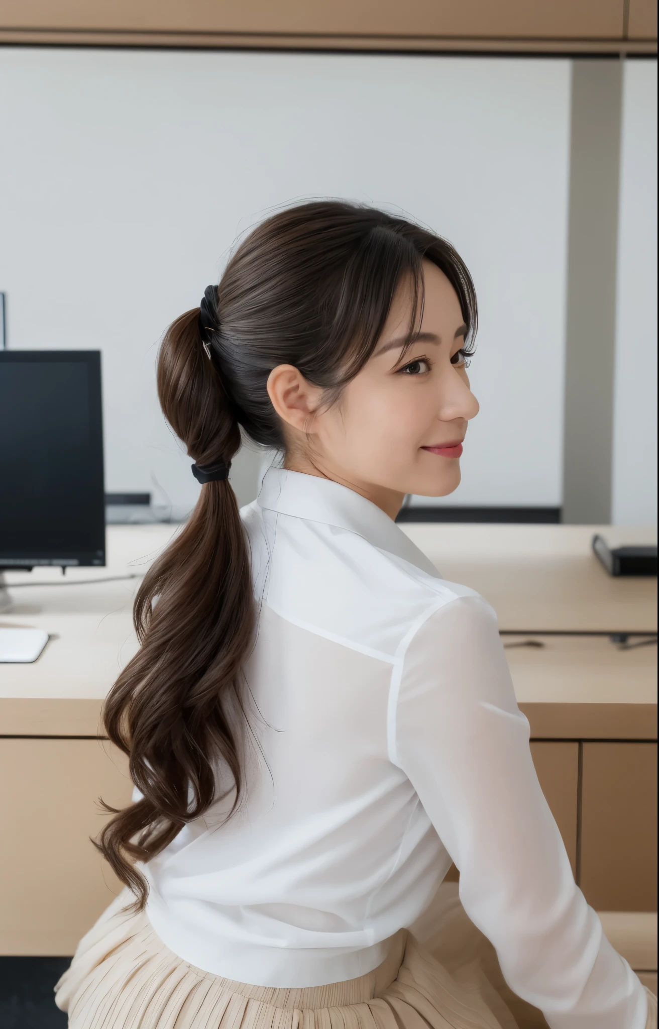 (Best quality, 8k, 32k, Masterpiece, UHD:1.2), from behind, 1 walking girl, beautiy Japanese office lady, (smile:0.5), (looking at the the viewer), 30 years old, bit chubby, white shirt, black skirt, office room, desk, detailed beautiful face, wavy pony-tail hair, from below,
