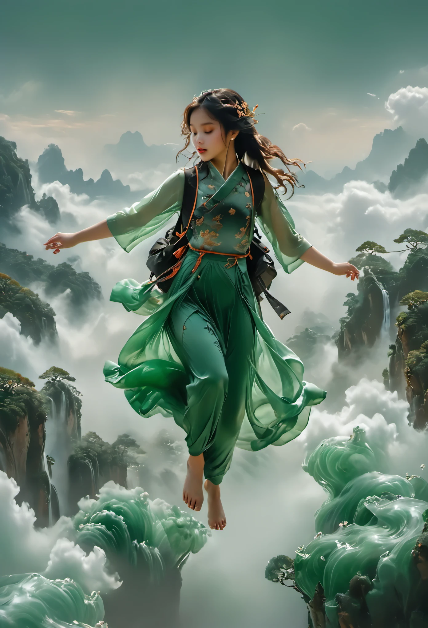 Photography of an adorable girl in modern attire, carrying a backpack, floating:2,bare foot, joyfully leaping and stepping on jade-colored auspicious clouds. Her entire body embodies the texture of jade, with hues of white and jade green, captured in a realistic photograph that showcases the fusion of human form and precious stone. The whimsical scene captures the girl's playful spirit as she dances above the clouds, blending the earthly with the ethereal in a visually enchanting composition