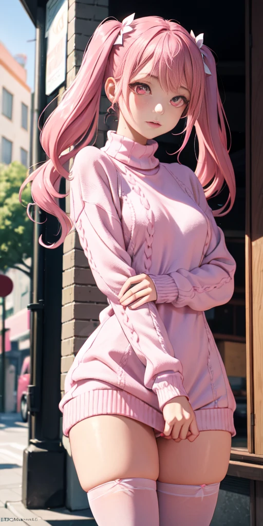 1girl, pink eyes, pink hair, twin tails, pink sweater dress, (pink stockings), pink thigh highs, scenery, outside