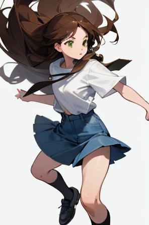 • a female student, 
-description: 
  >Long brown hair, 
  >green eyes, 
  >1.50 cm tall, 
  >, 
-wearing: 
  >white shirt, 
  >blue denim skirt,
  >black shoes and white socks.