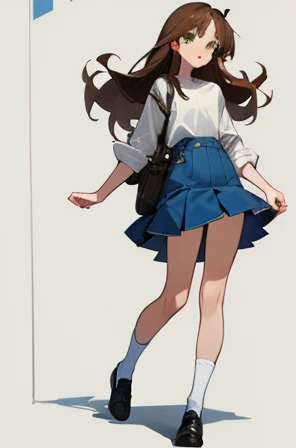 • a female student,
-description:
>Long brown hair,
>green eyes,
>1.50 cm tall,
>15 years old,
-wearing:
>white shirt,
>blue denim skirt,
>black shoes and white socks.