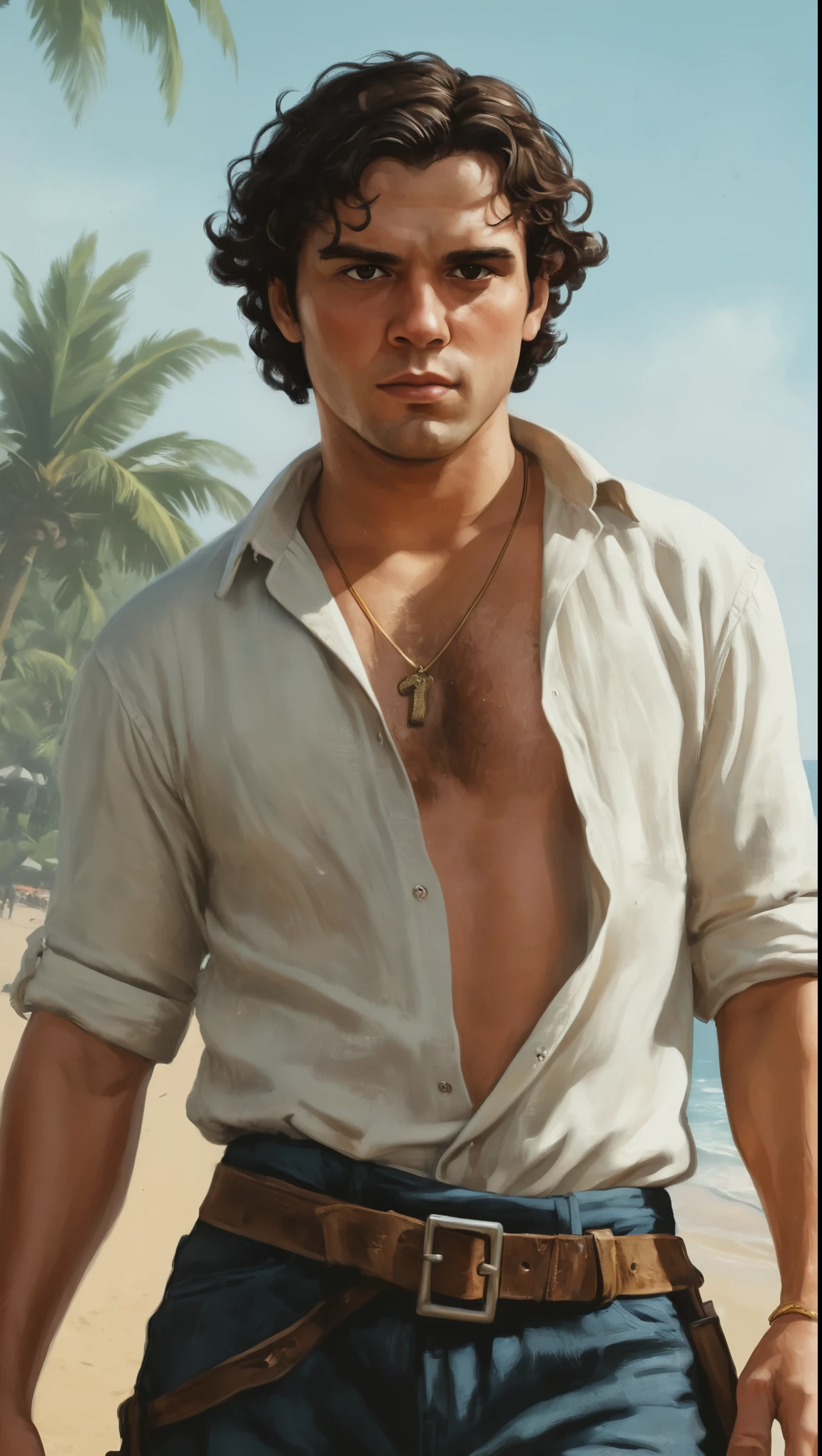 An illustrated movie poster of a pirate, 21 years-old, wearing a linen shirt, stocky, soft doughy physique, deep brown eyes, wide bulbous nose, full lips, black hair, curly swept-back hair, thick bushy eyebrows, extremely hairy chest, stomach, and arms, lots of body hair, posing on a tropical beach, hand-drawn, full color, multi-color, shadows, graphite shading, stencil marks, airbrushed acrylic paint, masterpiece, in the style of Grand Theft Auto V 
