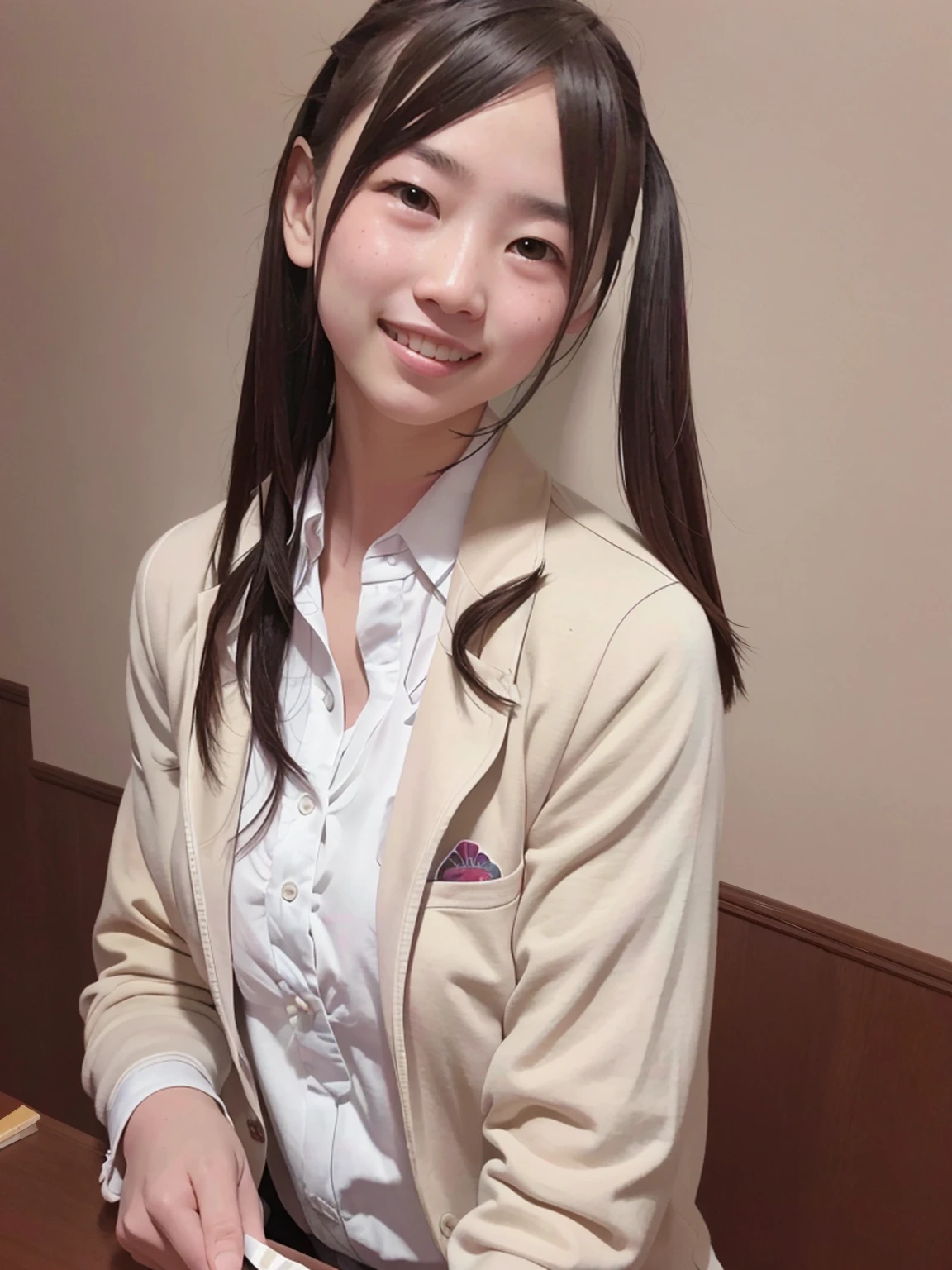 masterpiece, High resolution, Portraiture, highest quality, High resolution,
Realistic, alone, school blazer uniform, School classroom during the day,Smiling and showing beautiful teeth,(Braid),No exposure