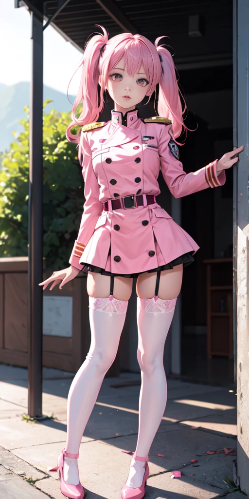 1girl, pink eyes, pink hair, twin tails, pink military uniform, (pink stockings), pink thigh highs, scenery, outside