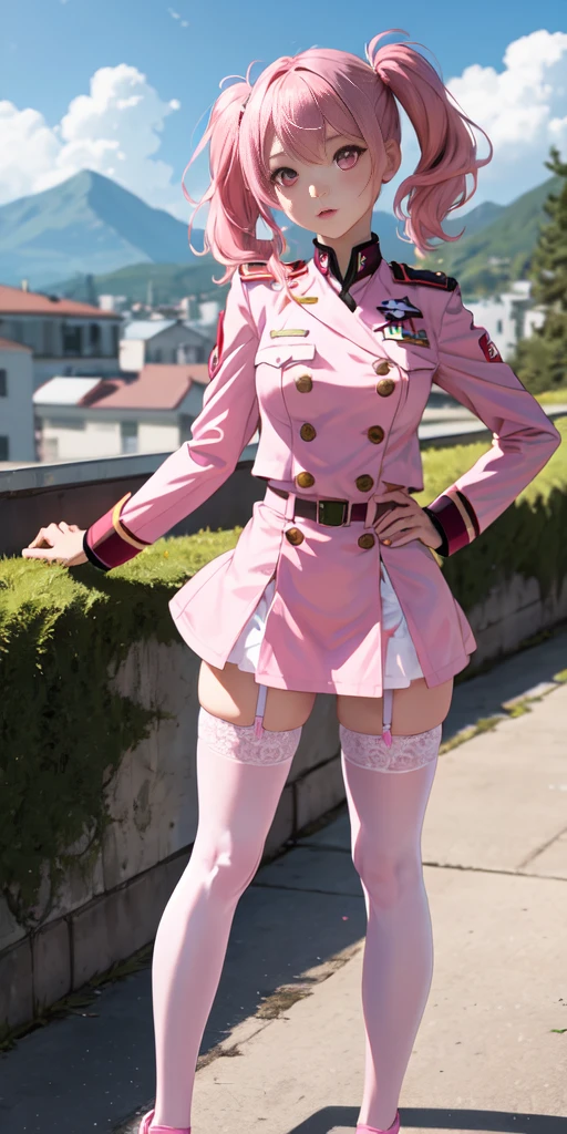 1girl, pink eyes, pink hair, twin tails, pink military uniform, (pink stockings), pink thigh highs, scenery, outside