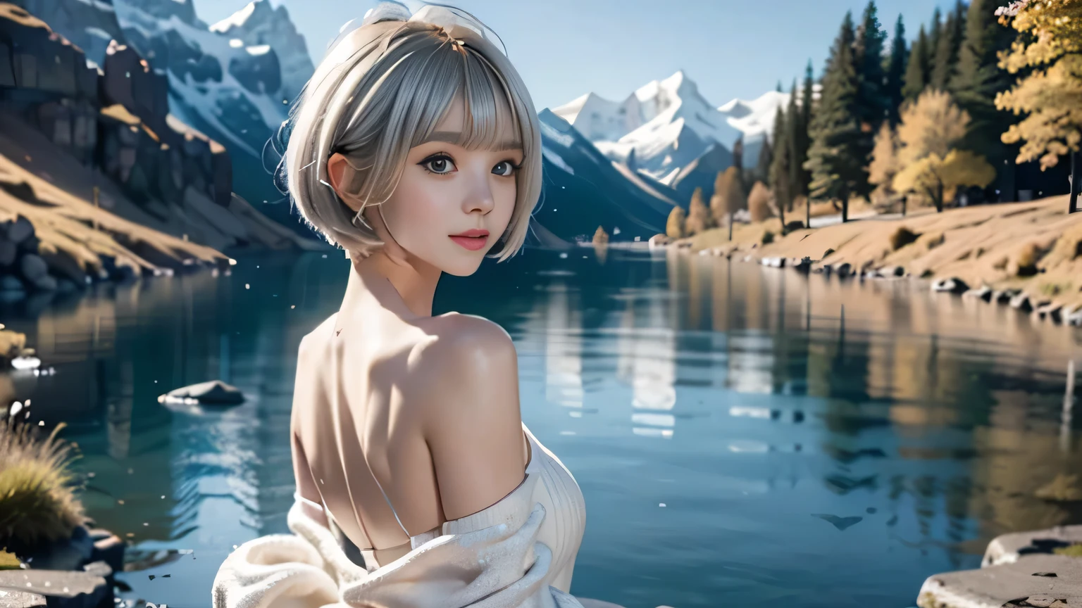 ♥(White knit mini dress),looking back,((1girl,cute,young,pixie cut beautiful silver blonde hair,blunt bangs,beautiful green eyes)),(solo),((masterpiece, highest resolution,best quality)), ((realistic:1.5,Beautiful girl RAW photo)),(looking back at the viewer), innocent smile,cinematic lighting,beautiful icy lake and mountains,flowers,trees,snow,blue sky