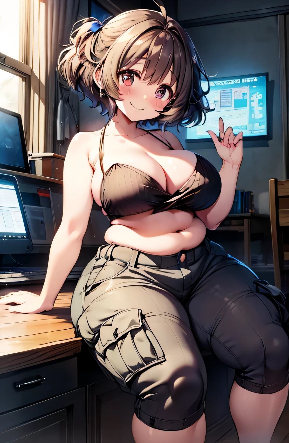 Anime illustration、highest quality、A short and plump high school girl、Tube top、cargo pants、A messy game center、Perfect proportions、overwhelmingly big breasts、Beautiful, shining eyes、Blushed、smile、Cowboy Shot