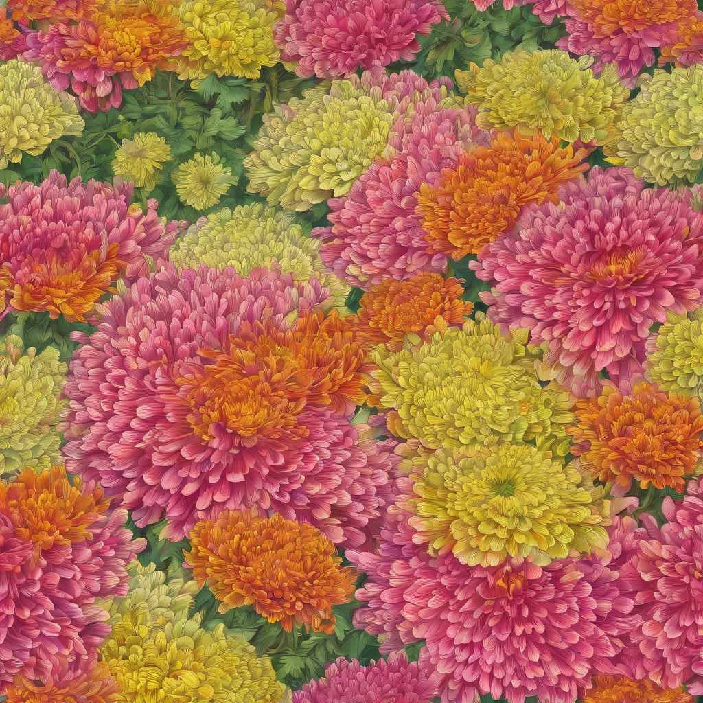 chrysanthemum field,beautiful chrysanthemum,bright colors,Tightly packed chrysanthemums,soft petals,breeze,green leaves,fertile land,refreshing scent,Summer mood,peaceful atmosphere,blooming nature,the beauty of serenity,(best quality,high resolution,masterpiece:1.2),very detailed,In fact,photoIn fact,soft light,fancy,impressionist style