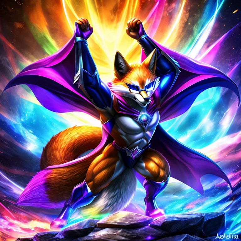 Fox with a bright and a flowing gay pride cape., altura completa, divino, sharp focus, renderizado de octanaje, HDR, atomspheric,
