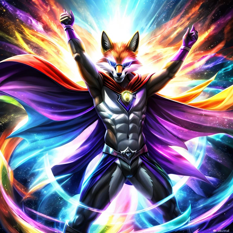 Fox with a bright and a flowing gay pride cape., altura completa, divino, sharp focus, renderizado de octanaje, HDR, atomspheric,