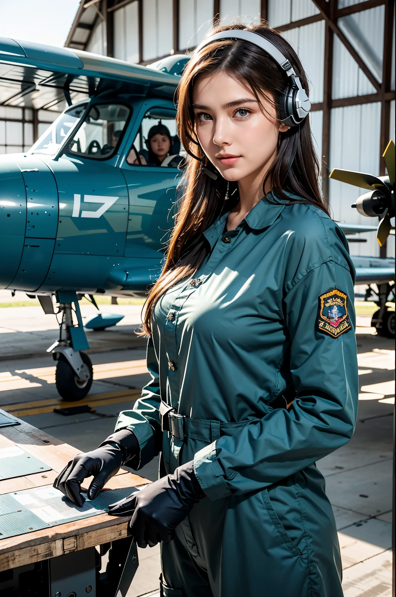 Best quality, ((professional photograph, RAW photo)), Insanely realistic, an extremely delicate and beautiful, ultra high res, realistic lighting and shading, (Realistic image of a extremely pretty female Aircraft mechanic, solo), Inside a spacious Aircraft hangar, Monoplane fighters of the World War II era line the background, Aircraft parts scattered on the floor, Tools for maintenance, She does aircraft maintenance, (wearing Military camouflage patterned Long-sleeved mechanic's coverall), (wearing mechanic's heavy-duty glove), (Wearing a headset), her hair is tied back later, very professional mechanic, inscrutable smile, ((extremely beautiful depiction of the eyes and face)), (insanely beautiful natural skin texture), Accurate eyes, Accurate hands, Well-balanced overall body