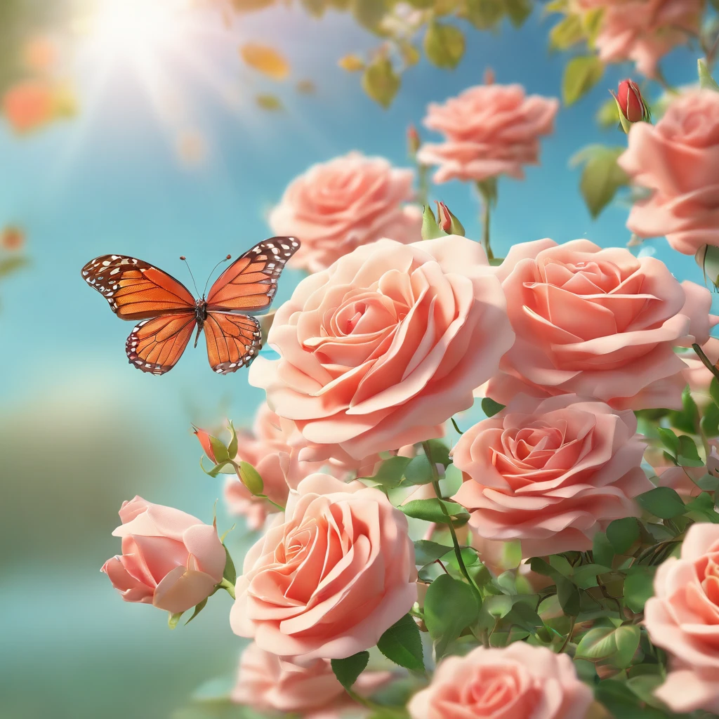 (a close-up view of a rosefield),always a big butterfly,rosefield,Beautiful roses,blooming roses,bright colors,Tightly packed roses,soft petals,breeze,green leaves,fertile land,refreshing scent,Summer mood,peaceful atmosphere,blooming nature,the beauty of serenity,(best quality,high resolution,masterpiece:1.2),very detailed,In fact,photoIn fact,soft light,fancy,impressionist style