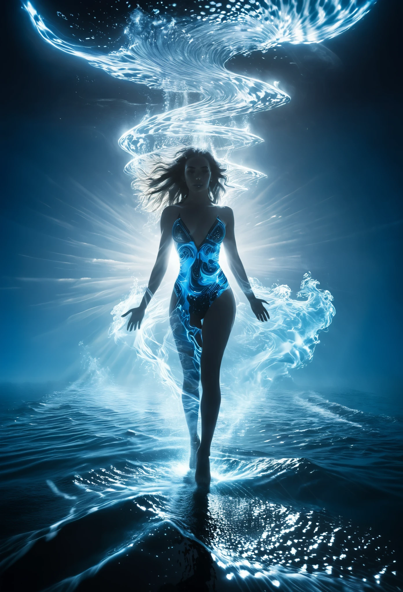 The goddess who controls the sea，Walking ashore from the ocean，beautiful，Backlight，Surrealism，Godhead，Cyber Surge，Blue-black tones，Light shining through the smoke，scattering，refraction，Diffuse，Tyndall effect，Brownian motion，Light beam，Dark Environment，Blue Coast，Blue and white ocean