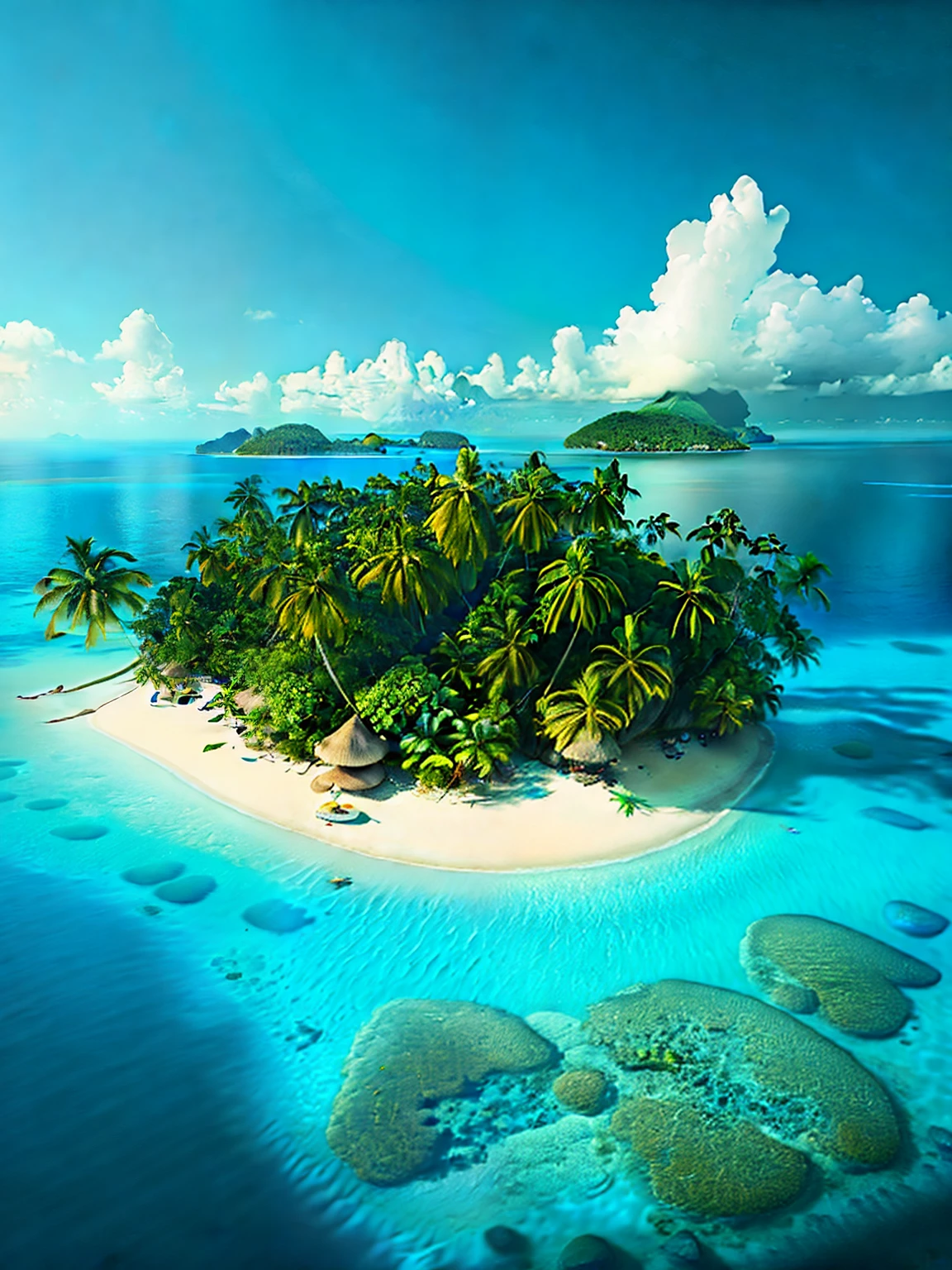 arafed island with palm trees and a sandy beach, tropical island, epic matte painting of an island, island in a blue sea, an island floating in the air, an island, island landscape, island floating in the sky, island background, monsoon on tropical island, island in the background, floating island, tropical location, island, island with cave, many islands, no humans, tree, cloud, sky, outdoors, scenery, day, palm tree, ocean, water, beach, blue sky, horizon, cloudy sky, nature, sand