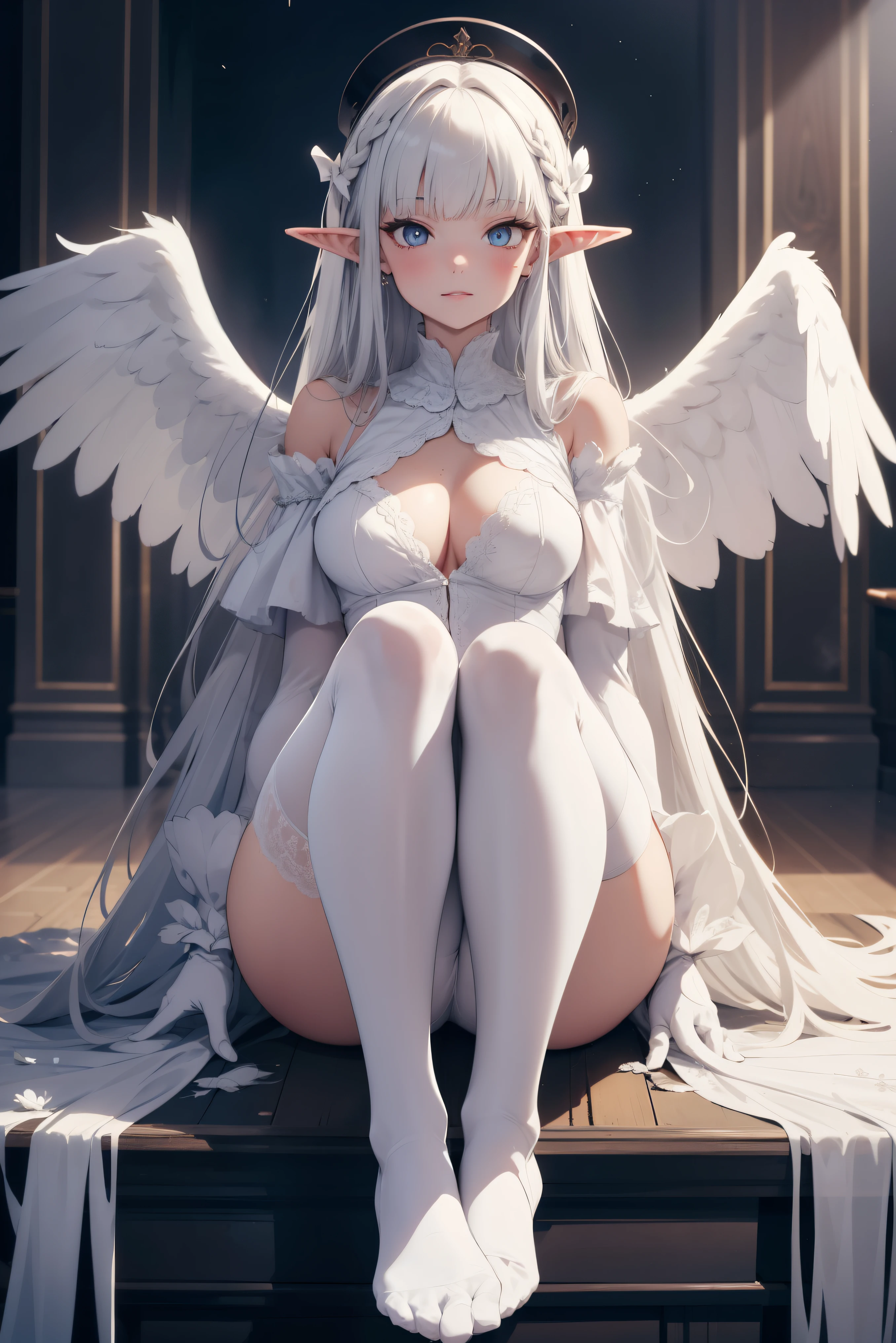 giant girl 50,000 feet high，Weight 1000kg，Has a pair of huge white angel wings，With huge devil horns on his head，crown on head，Elf wearing white earrings，She has long white hair that reaches her feet，loose hair，White wavy long curly hair，Wearing a pair of white boots，White lace gloves，White lace pantyhose，Pantyhose with bow and star decorations，White lace whole body，Standing upright on a small city，Beautiful appearance，Exquisite makeup，quality，8k，High quality，Perfect proportion, Cinema lighting，film grain，Fuji colors，8k，textured skin，Super details，high detail，high resolution，fake smile，blood stains，Blood stains on the soles of feet，whole body，Obese，feather，flowers，Sitting elegantly on a tall building，Touching face with hands