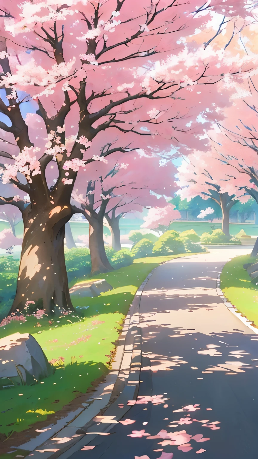 There is a tree and pink flowers in the park，There is also a stone road, Anime beautiful peaceful scene, Anime Background art, Cherry blossom forest, beautiful Anime Landscape, Anime Background, Beautiful anime scene, Anime Nature, Anime Nature wallpap, anime rural scenery, Anime Landscape wallpaper, Landscape Artwork, Anime Landscape, Anime Landscape, The Flowery Road to Heaven, In the anime painter studio