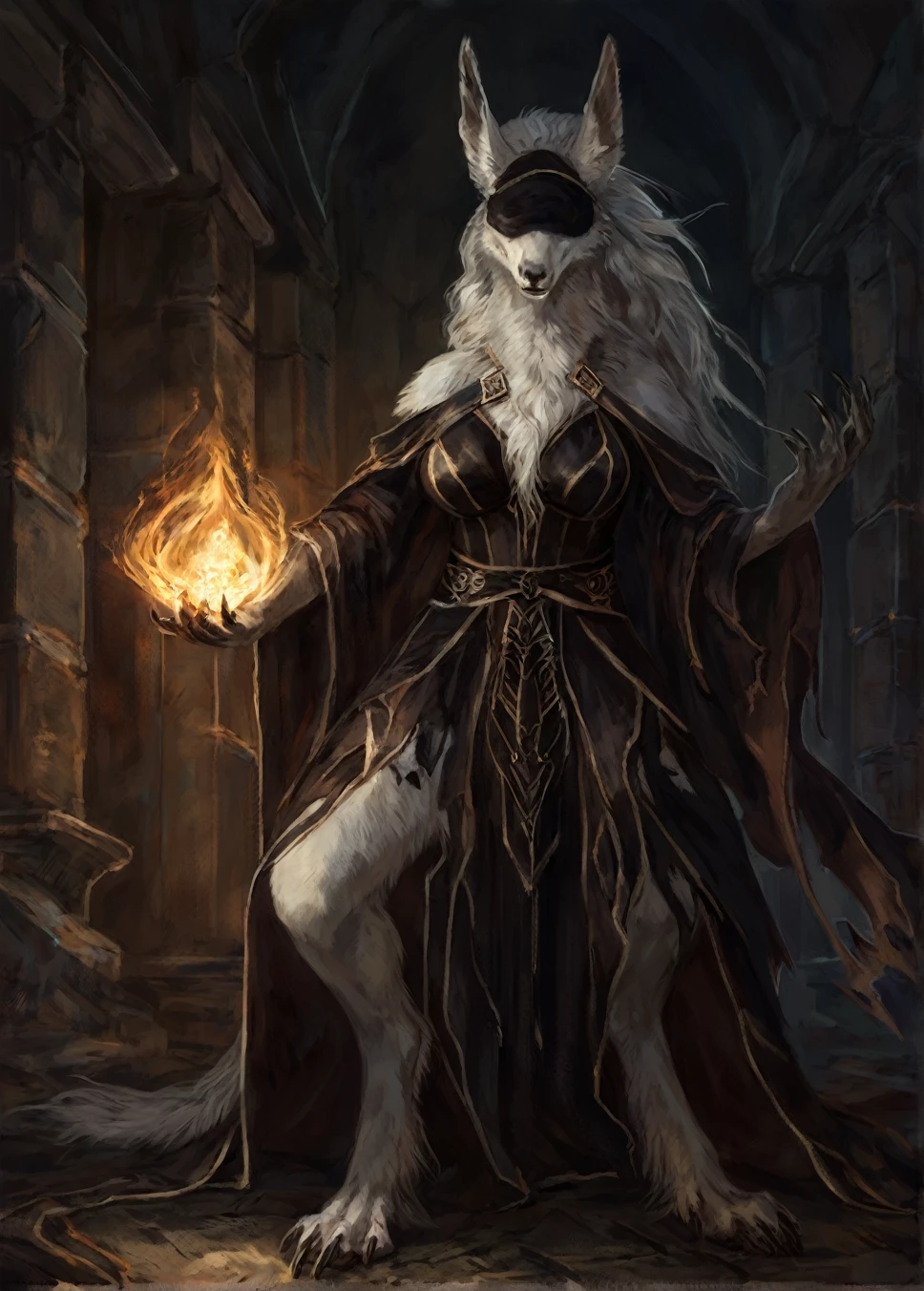 Vicar amelia, comic book style, illustration, solo, ferocious, female, [[badass pose]], torn robes, masterpiece, best art, full body, by oouna, detailed eyes, detailed body, claws, feminine body shape, fantasy, tall, warlock, casting dark magic, dungeon, miasma, darkness