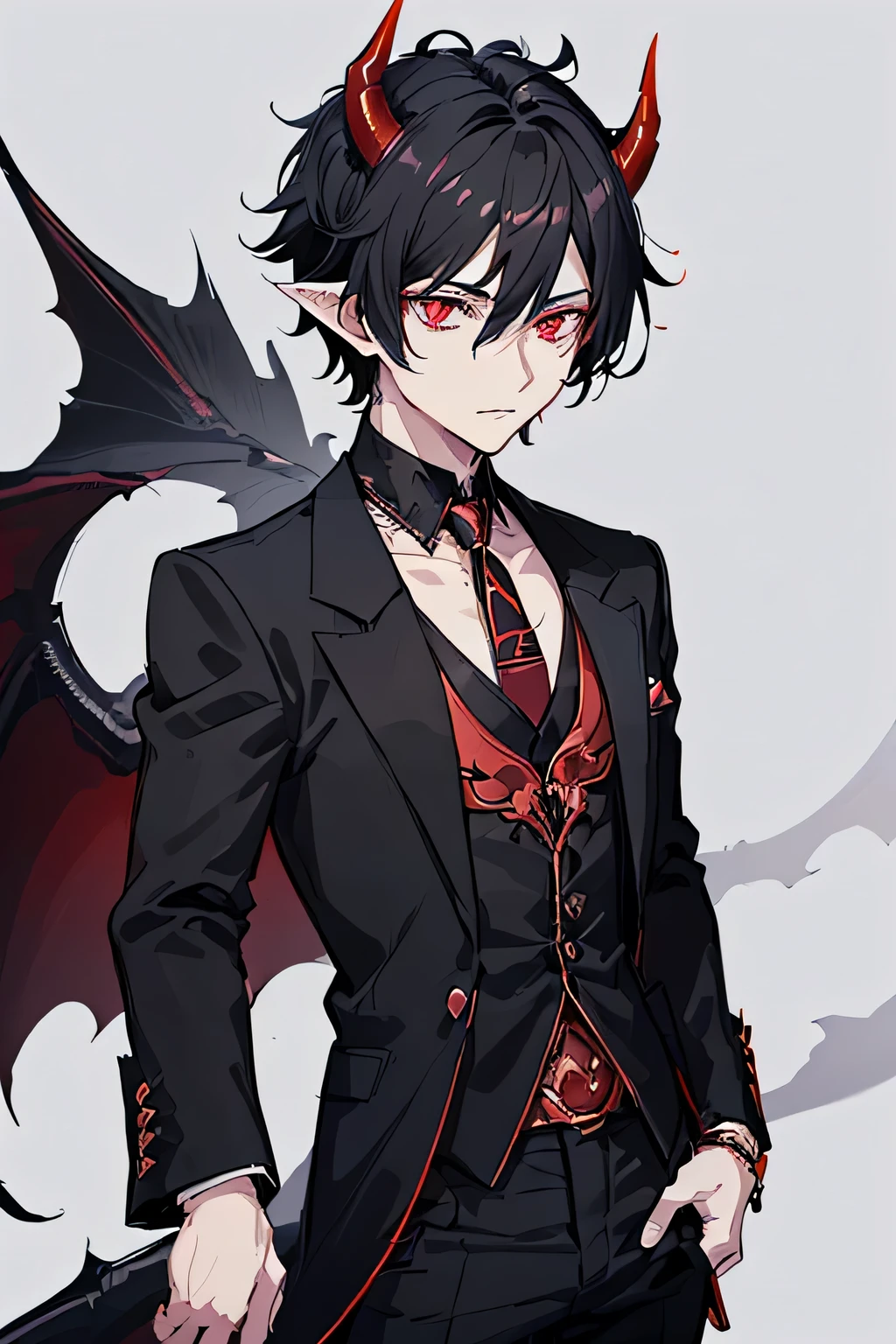 anime_style, (a young male demon lord has black short messy hair with fantasy clothes include black suit trouser and black jacket: 1.49),  (white demon horn: 1.3), (red eyes: 1.4), standing,masterpiece,best quality