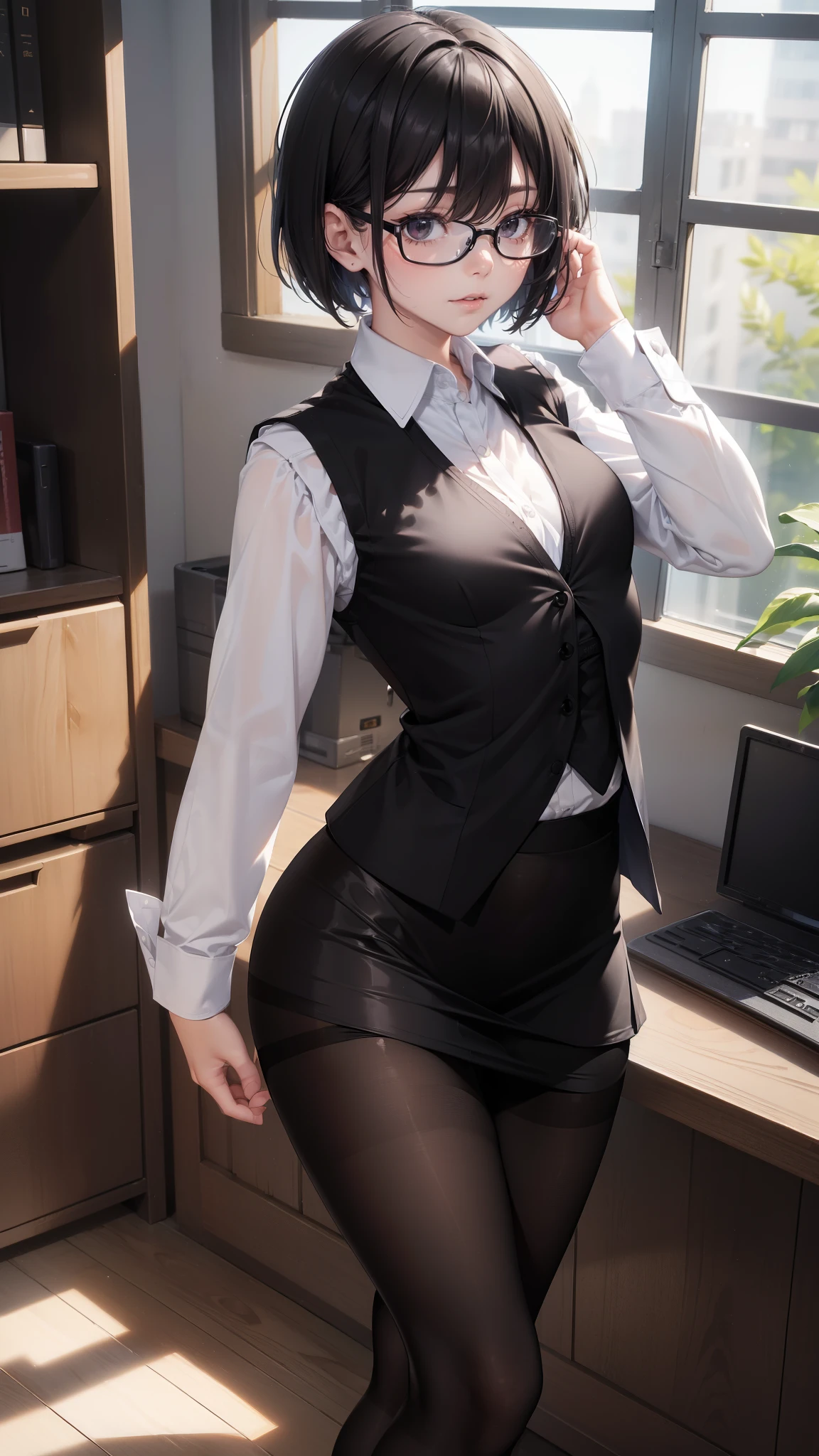 masterpiece, ultra detailed, 8k portrait, RAW photo, portrait photography, highly detailed face, 1 woman, (standing), 33 years old, (small eyes), glasses, (black short bob hair), (hair over one eyes), (white skin color), (long sleeves dress shirt:1.5), (black vest:1.5), (micro skirt:1.5), (black pantyhose:1.5), (((pumps))), Midday Sun, hyper realistic, Body model, (Small breasts:1.5), Beautiful breasts, (big butt), Long legs, in the office room, Ambient lighting, Shadow details, Camera focus on face, strong breeze, Light fog