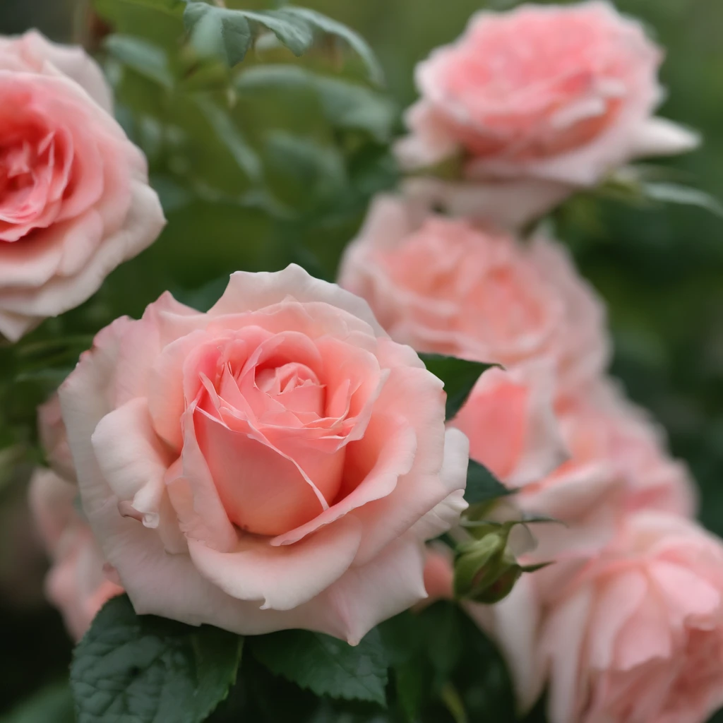 (a close-up view ,rosefield,Beautiful roses,blooming roses,bright colors,Tightly packed roses,soft petals,breeze,green leaves,fertile land,refreshing scent,Summer mood,peaceful atmosphere,blooming nature,the beauty of serenity,(best quality,high resolution,masterpiece:1.2),very detailed,In fact,photoIn fact,soft light,fancy,impressionist style