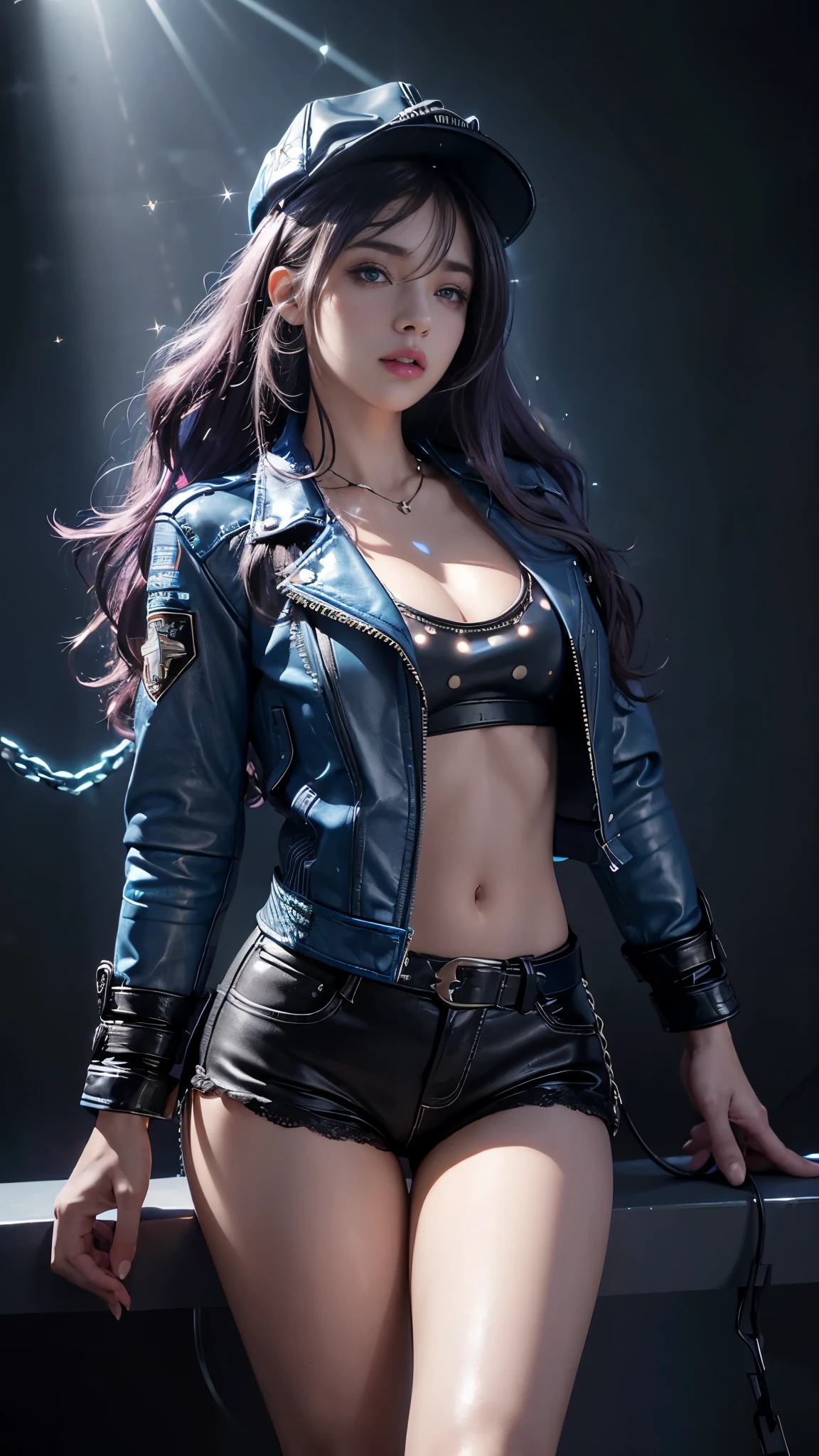 8K, ultra hd, masterpiece, hd colors, 1 girl, perfect face, very long curly hair, detailed eyes, rockstar outfit, ((blue leather jacket)), rockstar hat, stocking, lace, ((chain)), stars, bare navel, jwellery, Realistic club, (spot light:1.5), night club, bulbs, (glowing light:1.5), bloom lighting, foggy effect, front body pose,