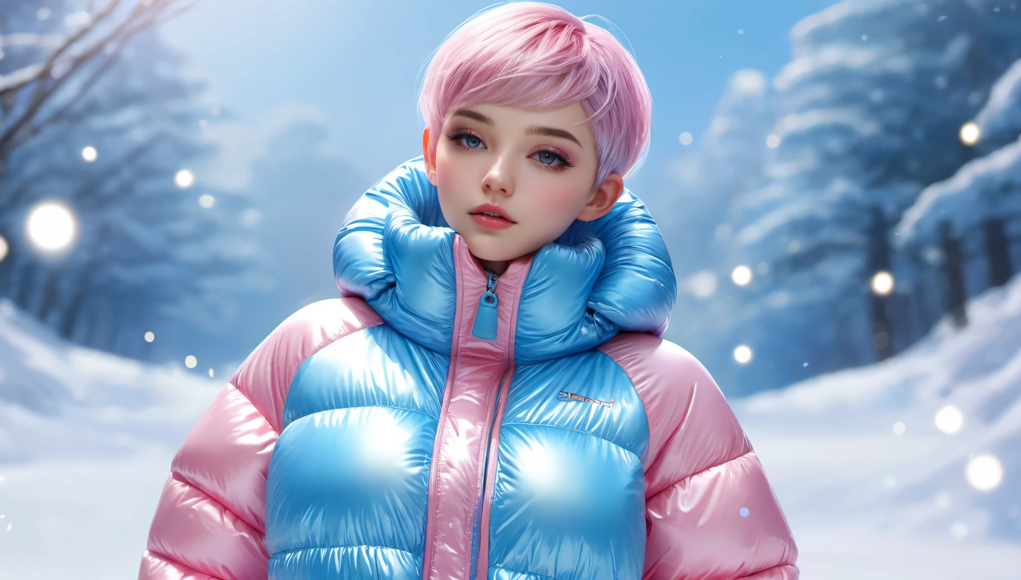 (best quality,highres,ultra-detailed,realistic,masterpiece:1.2), girl in oversized puffer jumpsuit, small breasts, small hips, pixie short shaved hair, shiny, light blue and pink:1.4