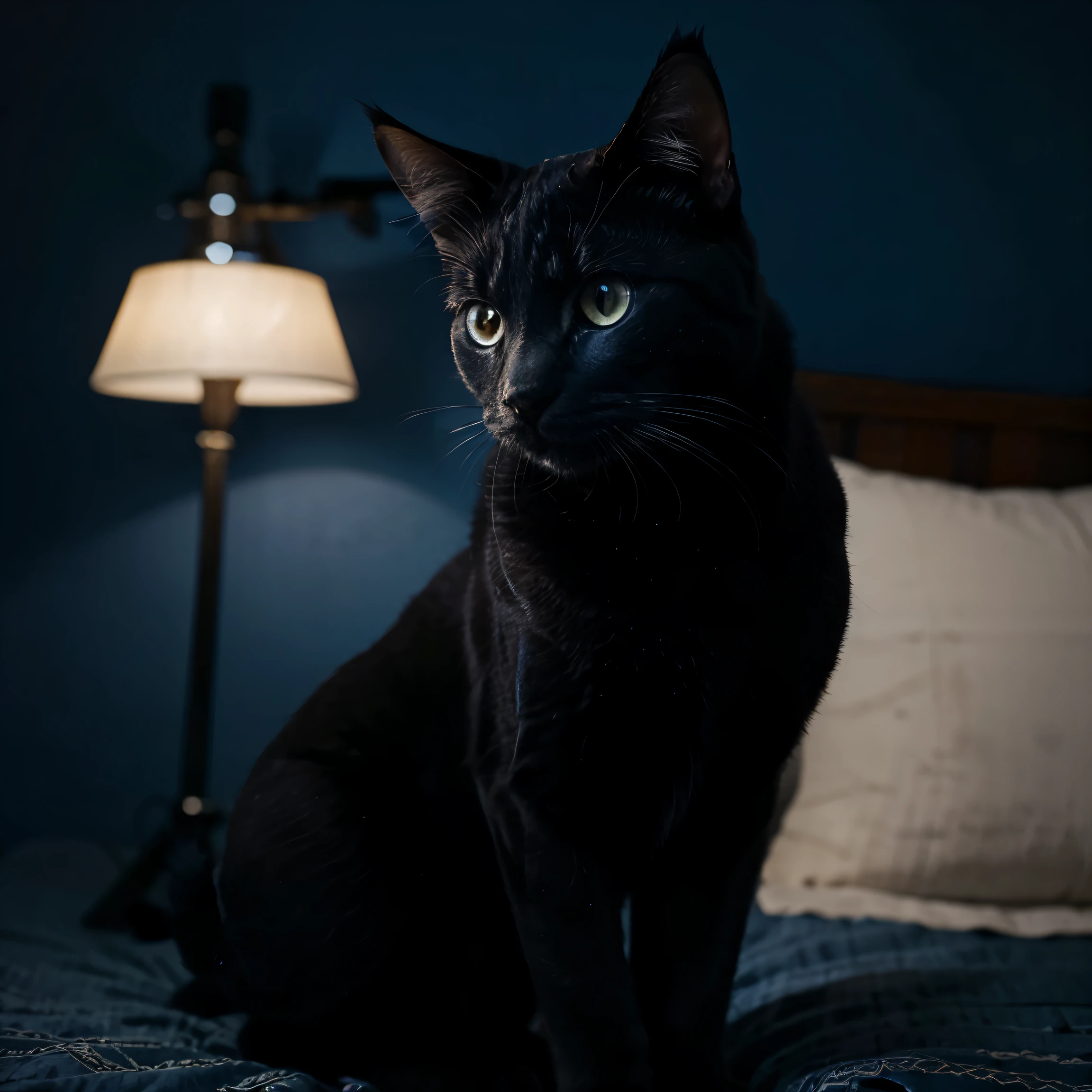Cute cat with a camera , as a photographer, in a dark blue room, realistically, detailing