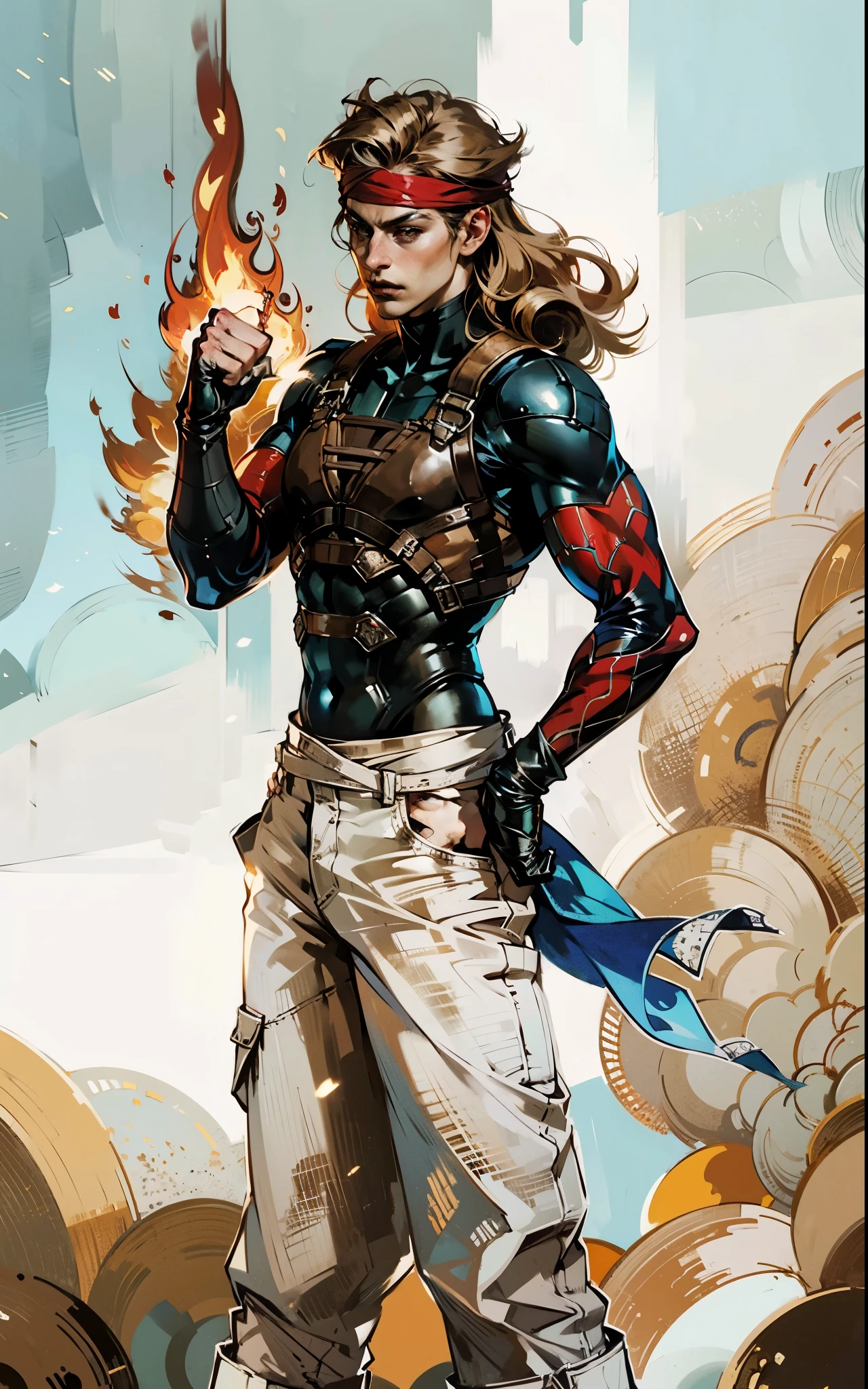 A young man with thick chestnut-brown long hair, a red headband adorned his forehead, devoid of eyebrows, triangular eyes, a square face, proud expression, robust and muscular physique, a fantasy-style tight-fitting open-chest vest, gloves, a ragged cloth tied around his waist, white utility trousers, his raised right fist surrounded by crimson flames, stands amidst boundless wilderness, this character embodies a finely crafted fantasy-style rogue in anime style, exquisite and mature manga art style, high definition, best quality, highres, ultra-detailed, ultra-fine painting, extremely delicate, professional, perfect body proportions, golden ratio, anatomically correct, symmetrical face, extremely detailed eyes and face, high quality eyes, creativity, RAW photo, UHD, 32k, Natural light, cinematic lighting, masterpiece-anatomy-perfect, masterpiece:1.5