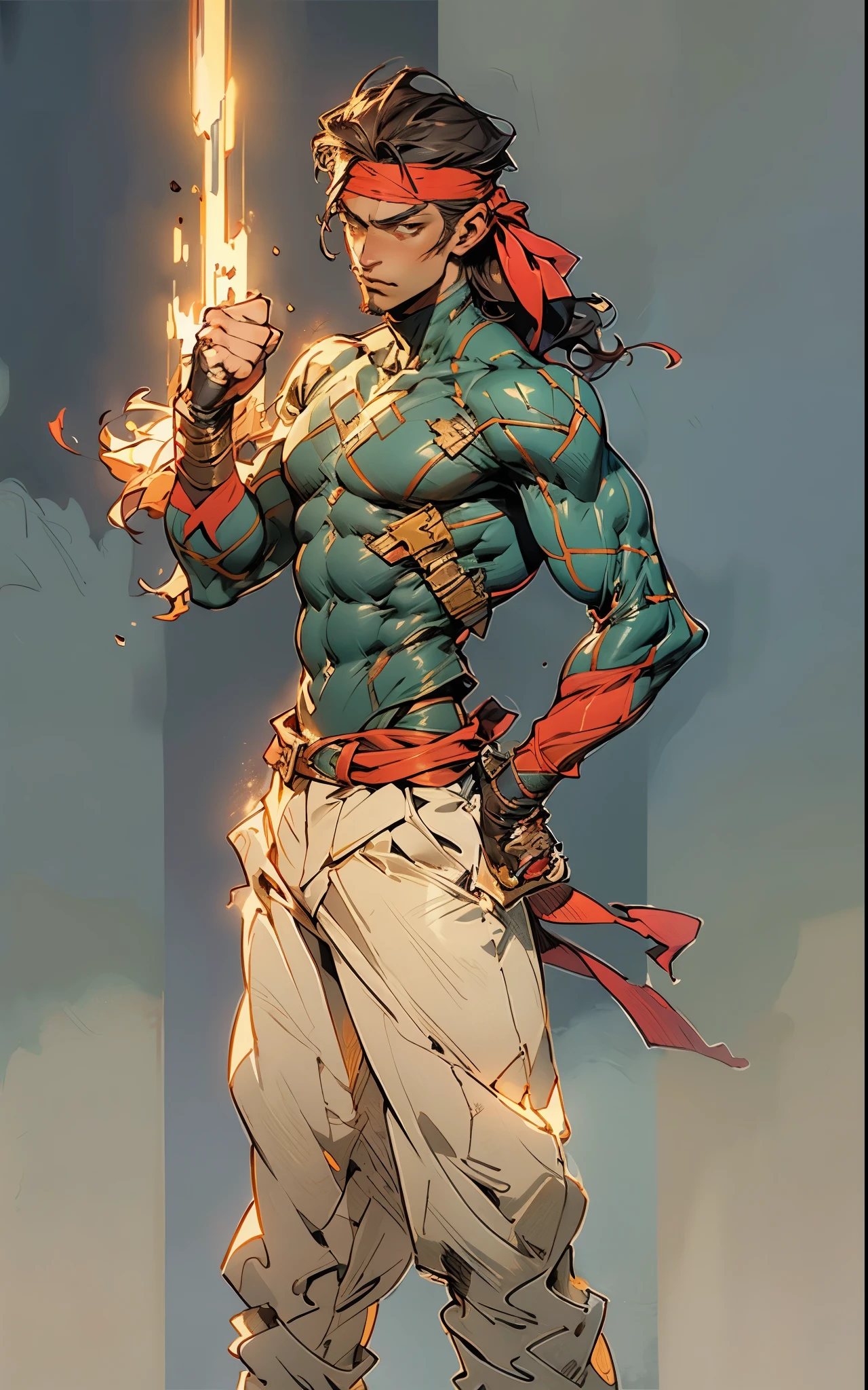 A young man with thick chestnut-brown long hair, a red headband adorned his forehead, devoid of eyebrows, triangular eyes, a square face, proud expression, robust and muscular physique, a fantasy-style tight-fitting open-chest vest, gloves, a ragged cloth tied around his waist, white utility trousers, his raised right fist surrounded by crimson flames, stands amidst boundless wilderness, this character embodies a finely crafted fantasy-style rogue in anime style, exquisite and mature manga art style, high definition, best quality, highres, ultra-detailed, ultra-fine painting, extremely delicate, professional, perfect body proportions, golden ratio, anatomically correct, symmetrical face, extremely detailed eyes and face, high quality eyes, creativity, RAW photo, UHD, 32k, Natural light, cinematic lighting, masterpiece-anatomy-perfect, masterpiece:1.5